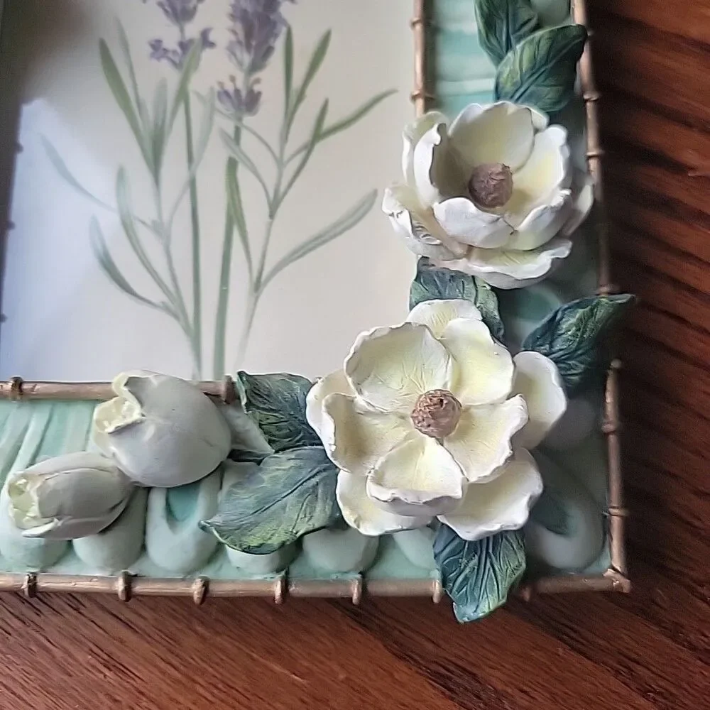 Vtg Ganz 3D Mint Green photo frame Magnolia Flowers Resin Rare Green Academia